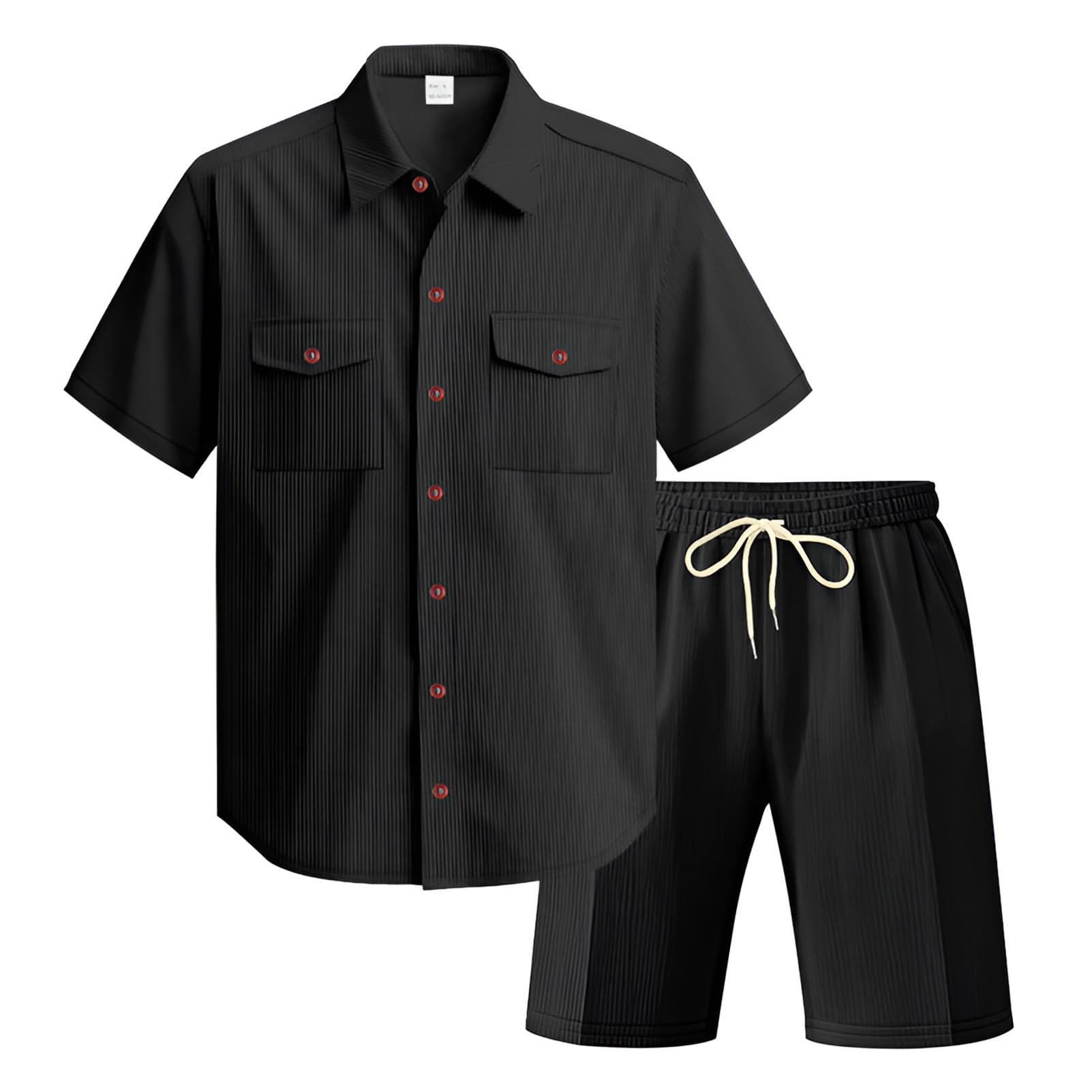 amropi Uomo Tuta Pantaloncini 2 Pezzi Corduroy Maniche Corte Camicia Bottone Estiva Sportiva Completo