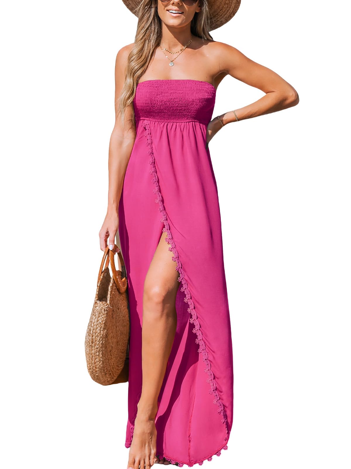 CUPSHE Robe longue d'été formelle sans manches en dentelle pour femme - Smocké - Fente sans bretelles, fuchsia, Taille M