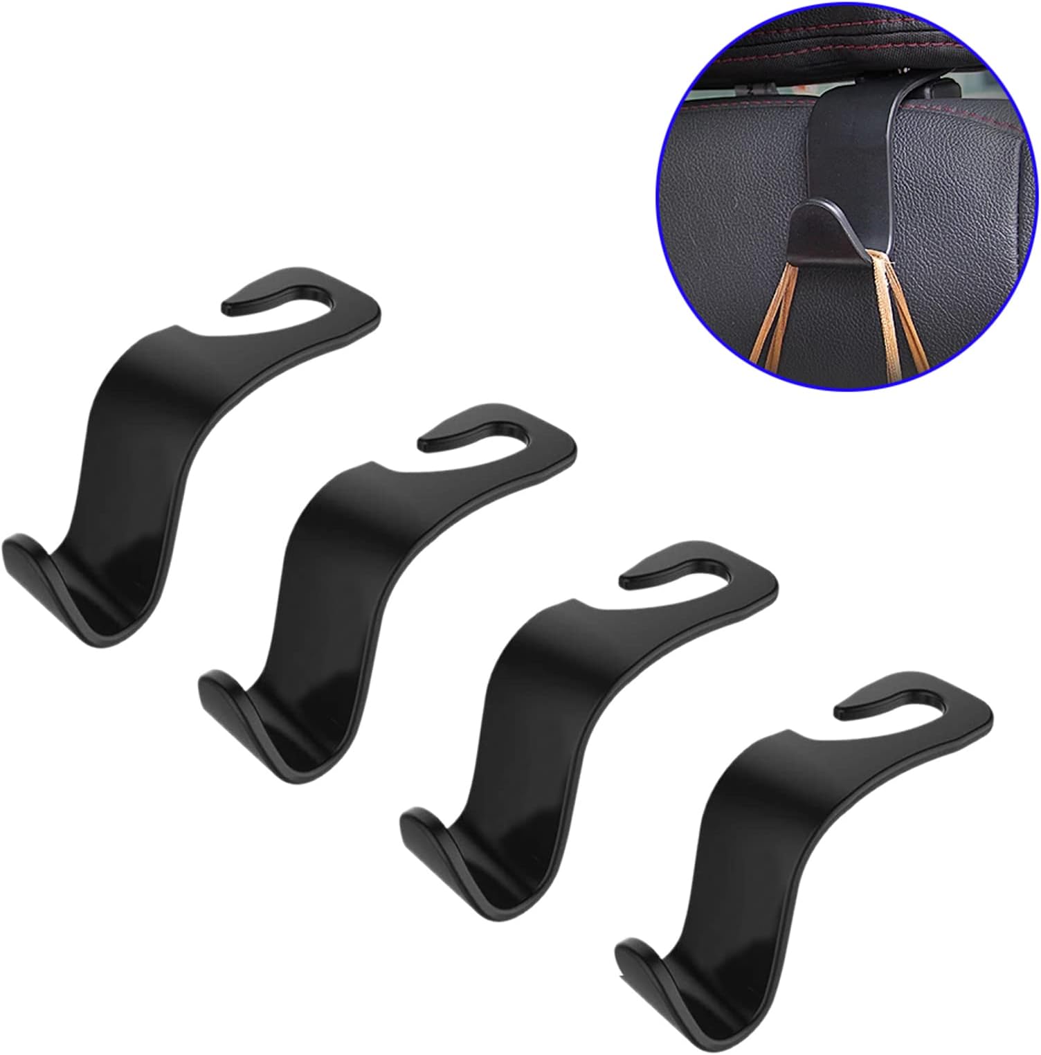 Mebamce4pcs Sturdy Car Seat Headrest Hooks, Simple and Useful S Type Car Hooks fit Universal Vehicle Car Black Seat, Hanger Storage Organizer for Handbag Coat Purse Groceries Bag