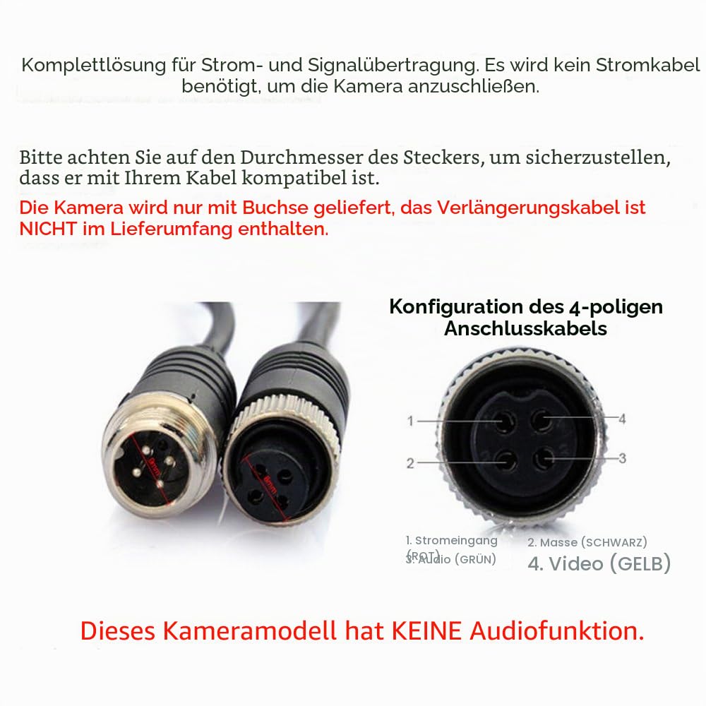 Camecho Rückfahrkamera IR Nachtsicht Wasserdicht 12V 24V 10m 4 Pins Kabel Kit für Auto Bus Lkw Caravan Camper