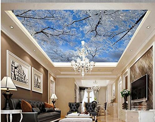 Weaeo 3D Ceiling Murals Wallpaper Winter Sky Ice Tree Snowflakes Zenith Mural Home Decoration Sky Ceiling Wallpaper 200X140CM
