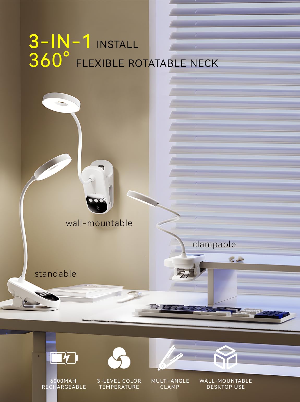 Lampada da scrivania a LED con morsetto, lampada da scrivania a clip per casa e ufficio, regolazione della luminosità a 3 livelli con orologio, batteria ricaricabile per lavoro/studio