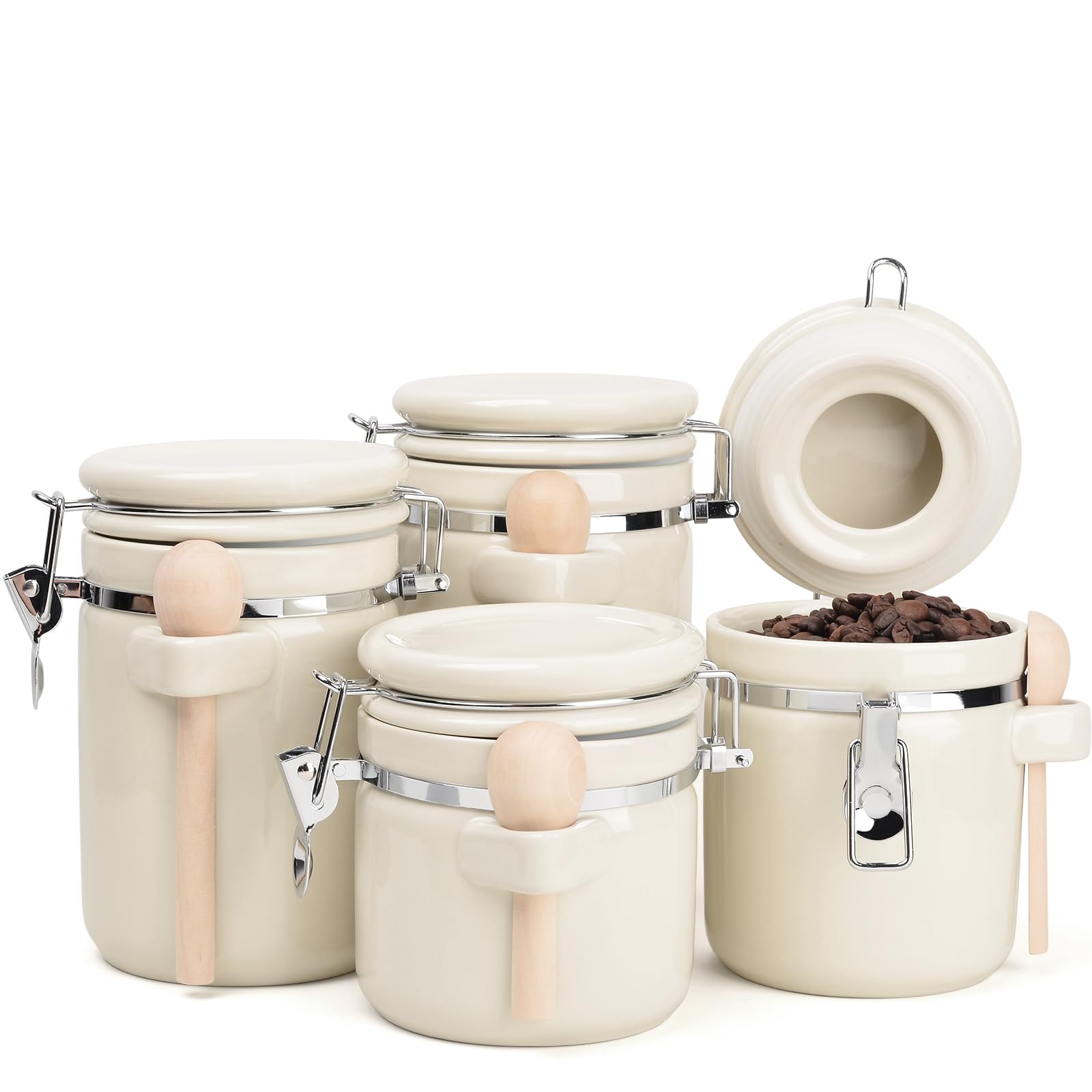 ZEEBERBO 4 Stück Keramik Vorratsdosen Set, Luftdichte Küchen Kanister mit Metallverschluss, Holzlöffel, Kreideetiketten & Marker Für Zucker Kaffee Mehl Tee Vorratsaufbewahrung (Beige)