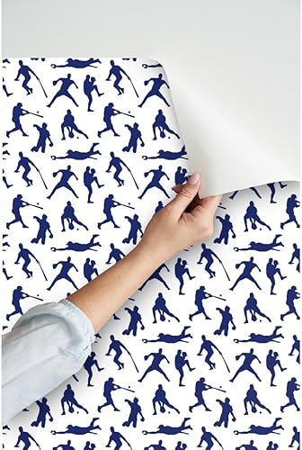 Miniatura 3 de Spoonflower Papel tapiz autoadhesivo de 6 x 2 pies - Jugadores de béisbol azul oscuro Deportes Hombres Thin Line Kids Papel tapiz extraíble