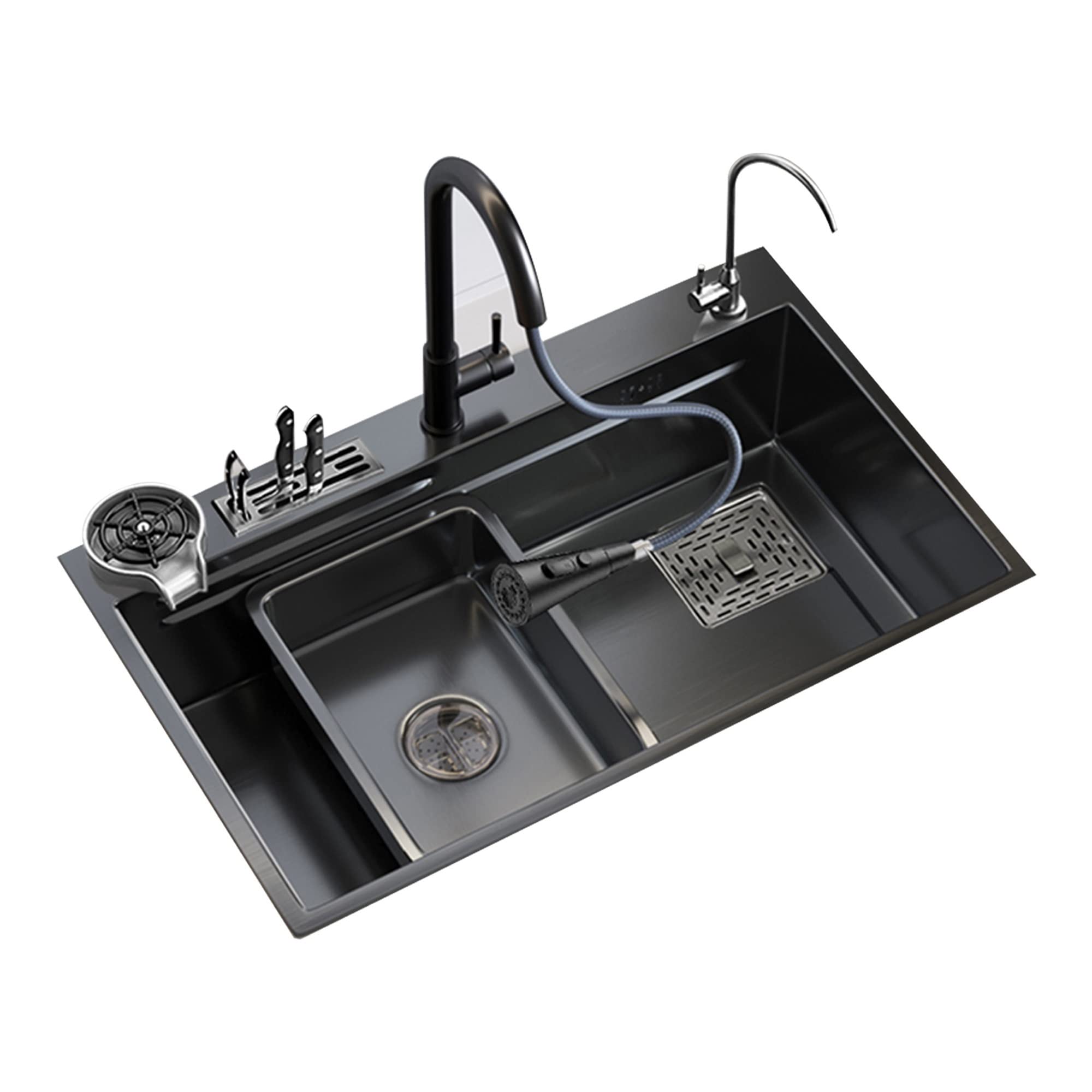 Fregadero Cocina Fregadero Negro Fregadero De Cocina Negro Incorporado Fregadero Inoxidable 304 Revestimiento Nano Fregadero Multifuncional con Grifo, lavavasos a presión,Fregadero de Lavado de Verdur