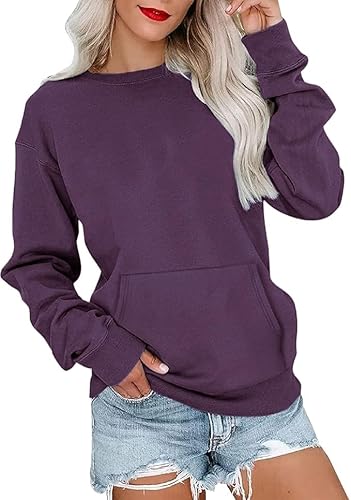Women's Sweatshirts No Hood Oversized Crewneck Sweatshirts with Pocket Long Sleeve Shirts Hoodies Pullover Loose Fitting Tops Yellow Hoodie Crewneck Sweatshirt Women Brown Crew Neck Sweatshirts Women