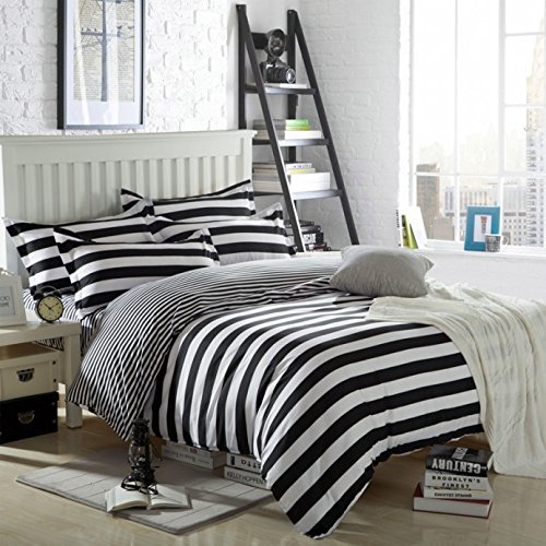 Twin Full Queen Size Cotton 4-Pieces Black White Striped Prints Duvet Cover Sets (Full, 4pcs Without Comforter)