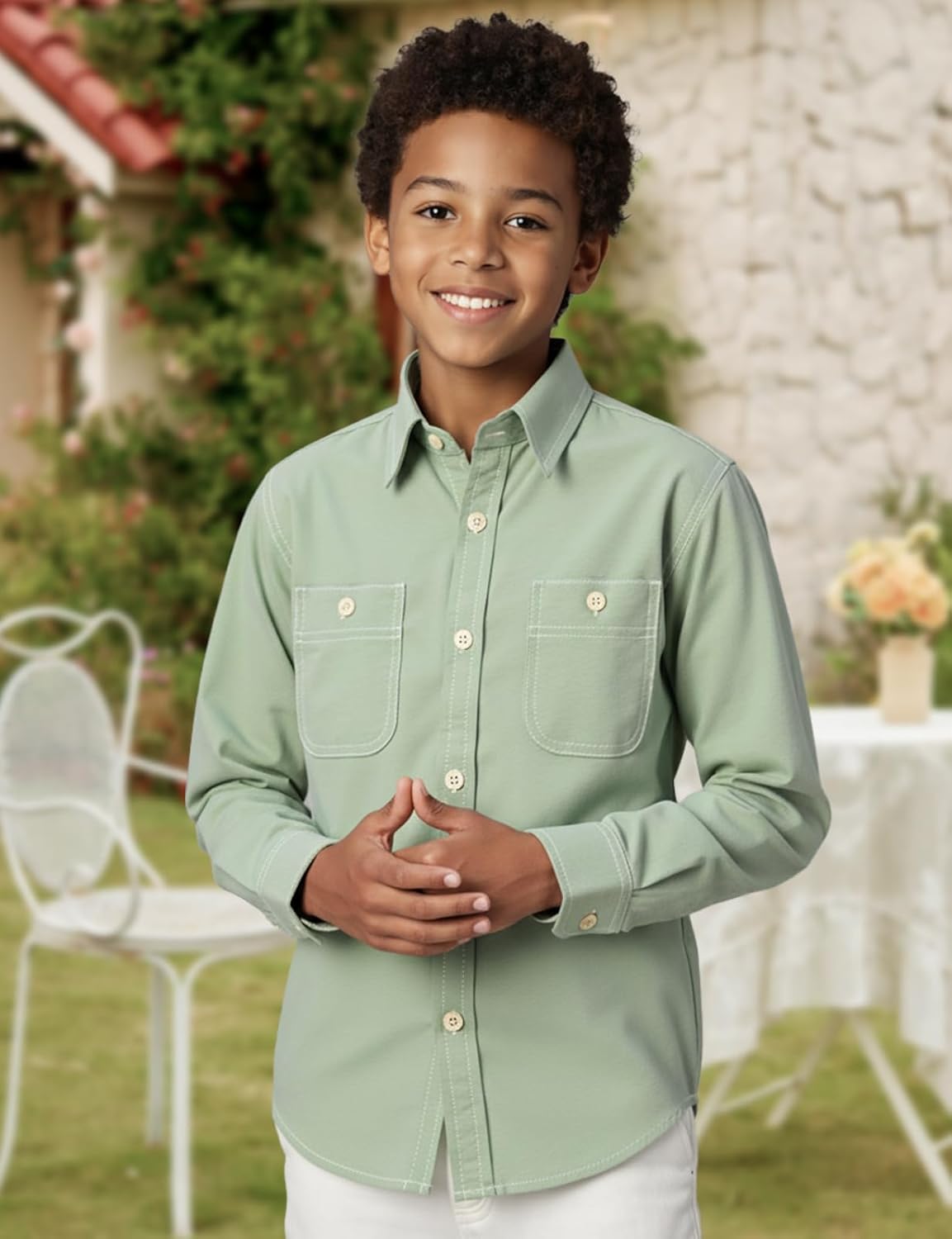 Spring&Gege Boys' Long Sleeve Chambray Shirt Casual Cotton Woven Button Down Shirt with Two Pockets - Image 2