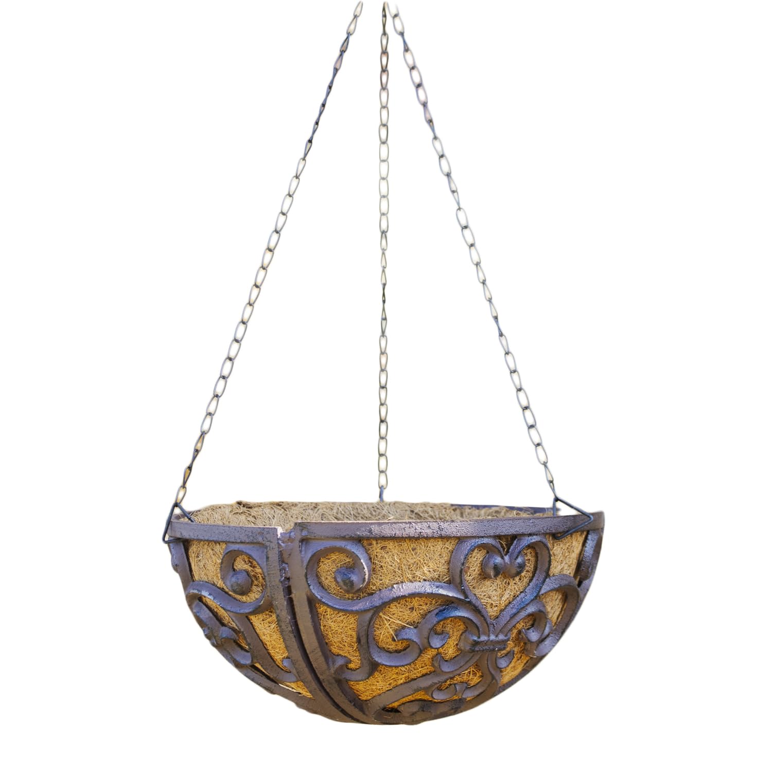 Darthome Brown Large Cast Iron Hanging Basket Planter With Coconut Fibre Liner, 30X15x30cm Scroll Heart Lattice Design,