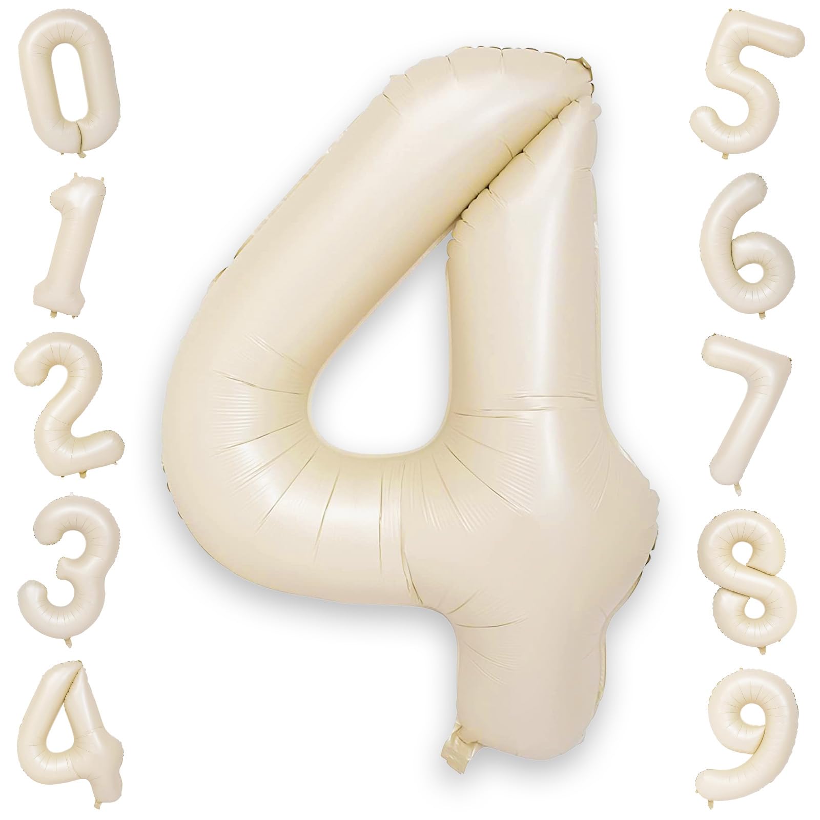 40 Inch 4 Balloons, Large Beige Number 4 Balloon for 4th Birthday Foil Number Balloons Set 0-9, Self Inflating White Sand Digital 4 Helium Balloon for Girls Birthday Women Anniversary Party Decoration