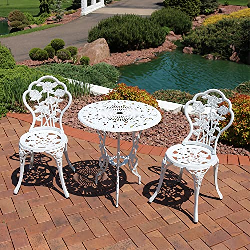 Sunnydaze 3-Piece Flower Designed Bistro Table Set With 2 Chairs, Outdoor Cast Aluminum, White #TOP1