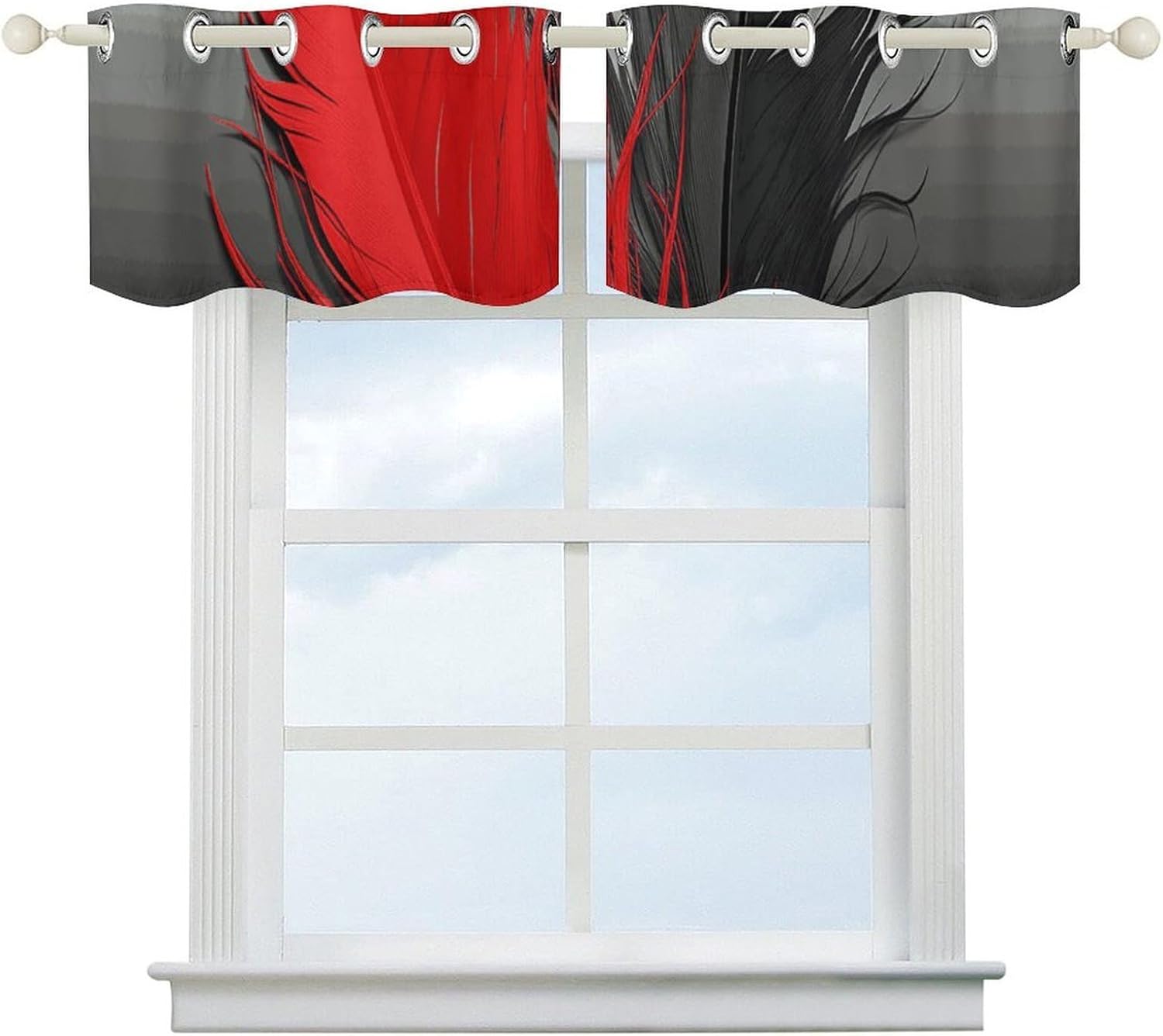 Red and Black Feather Valances for Window 2 Panels. Light Filtering Curtains Farmhouse Short Small Valance.Modern Curtains for Windows Living Room Kitchen Over Sink.