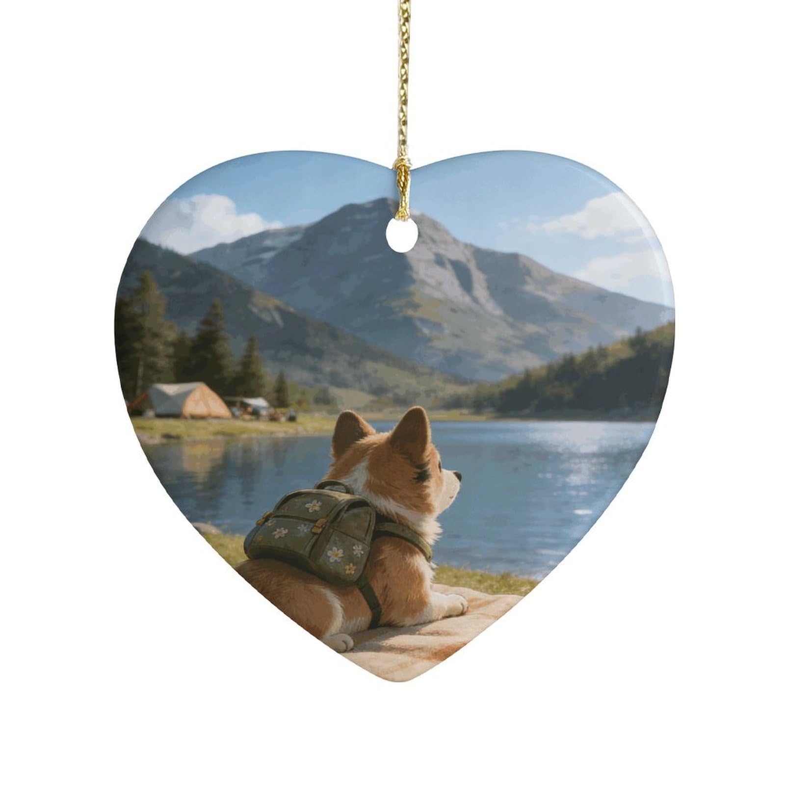 Khauerbc Style Camping Journalheart Shaped Ceramic Ornament With String,Ceramic Ornament,Two-Sided Printed For Christmas Tree And Holiday Decoration