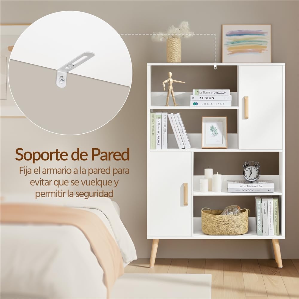 Yaheetech Librería de Madera Estantería de Libros | con 2 Armarios con Puerta y 4 Estantes Abiertos Armario Auxiliar con Patas para Estudio, salón, Dormitorio, Oficina Blanco