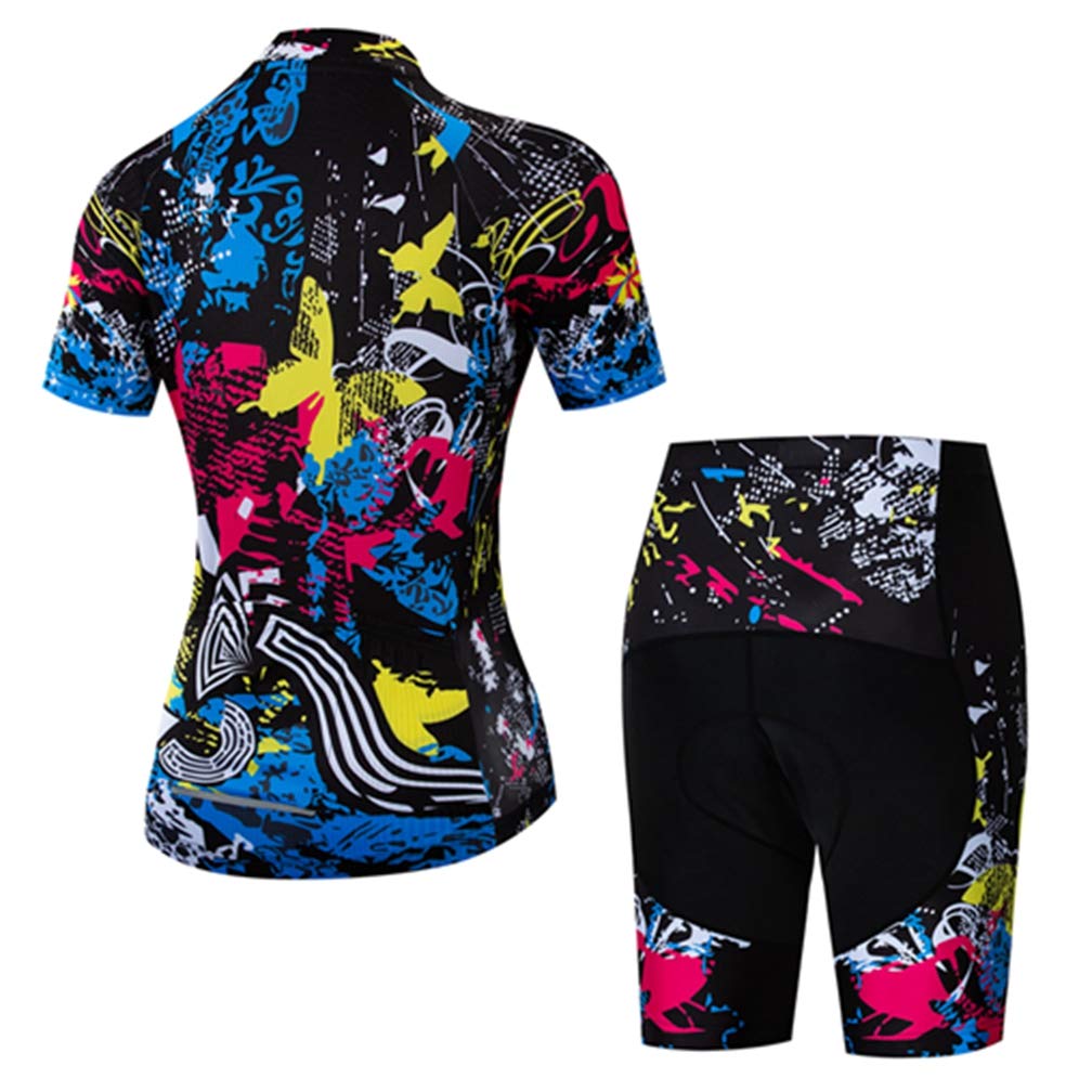 WeimoMonkey Women's Short Sleeve Cycling Jersey Quick Dry MTB Clothing Bike Top + 3D Shorts Set Multicolor L