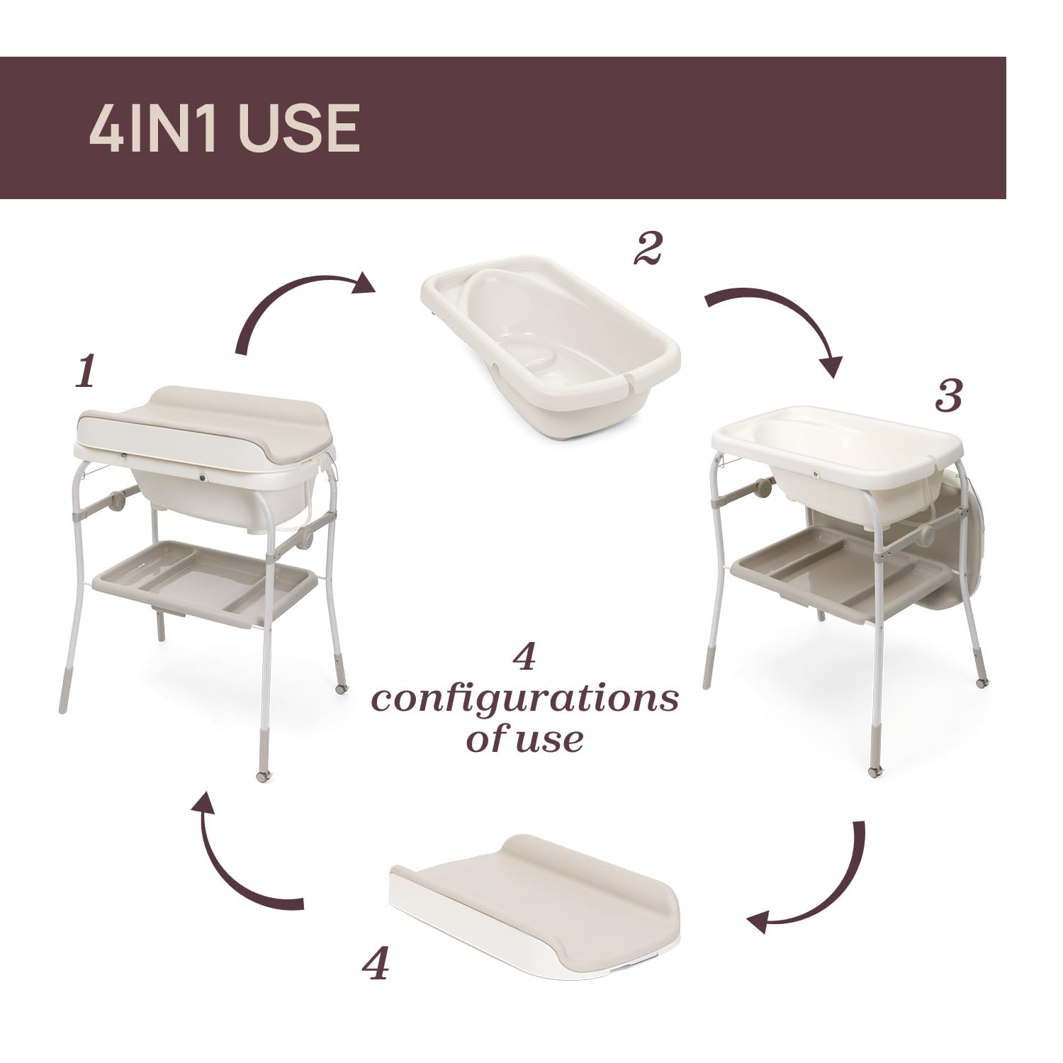 Chicco Cambiador Plegable Soft Bubble Armonía, Cambiador para Bebé con Bañera Integrada, Cubeta Extraíble 4en1, Estructura Ahorraespacio con Ruedas, Altura Regulable, Patas con Efecto Madera