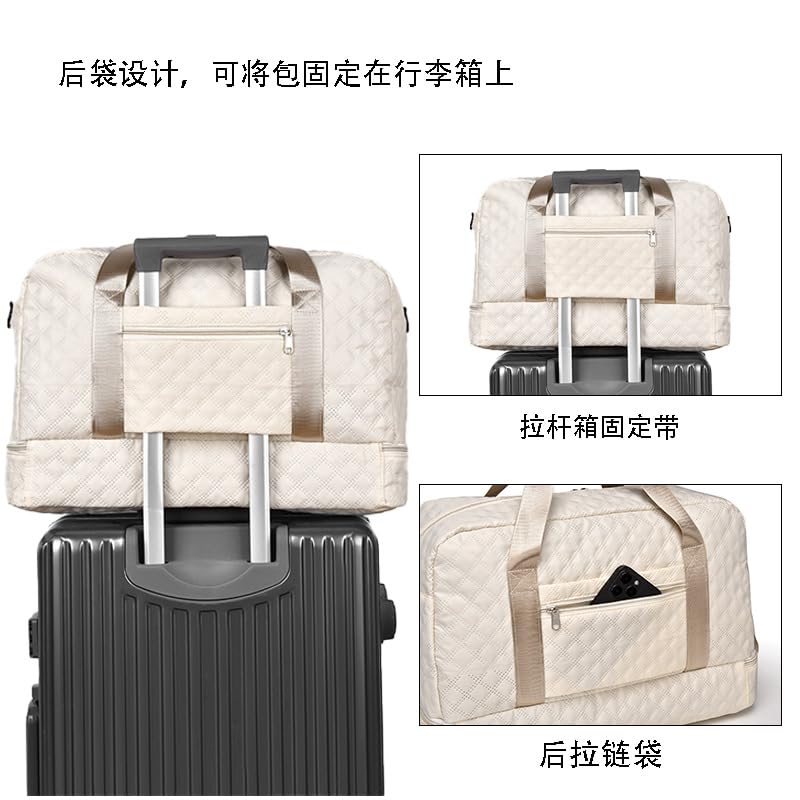 Fashion Travel Duffel Bag, Quilted Cotton, Large Capacity with Wet Dry Separation, Black, 20.5x14.2x9.4 Inch, Luggage Strap, Multiple Pockets (Light purple)4