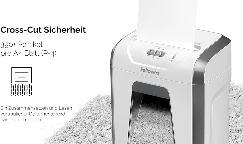 Bild 6 - Fellowes Aktenvernichter, Papierschredder für 12 Blatt Partikelschnitt, Aktenvernichter P4, Schredder für Büro und Homeoffice, Powershred FS-12C, mit 19L Papierkorb, verarbeitet Kreditkarten, Weiß