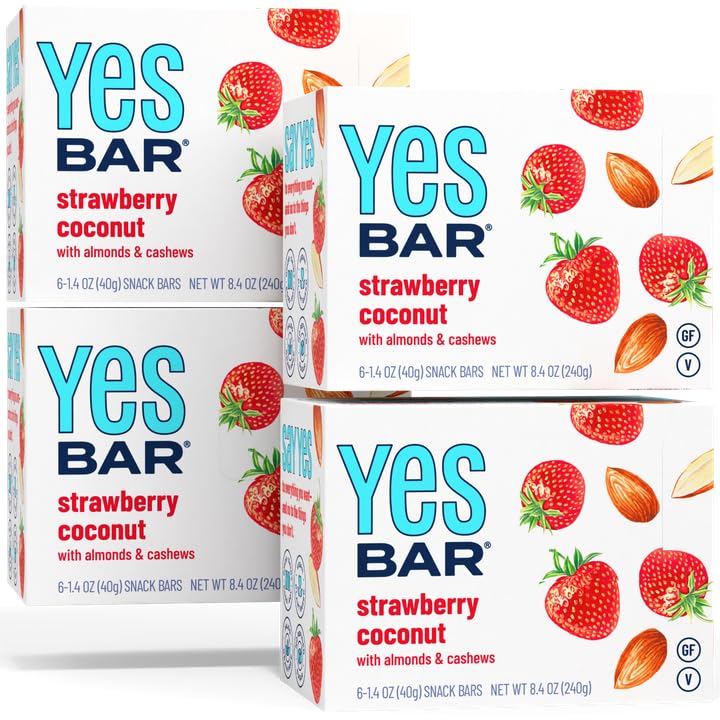The YES Bar Fresa y coco - Proteína a base de plantas, snack bar decadente - vegano, paleo, sin gluten, sin lácteos, bajo en azúcar, aperitivo