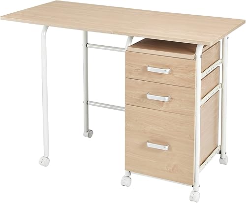 Miniatura 8 de Tangkula Escritorio plegable para computadora con ruedas, muebles de oficina en casa con 3 cajones, escritorio para laptop, mesa de escritura,
