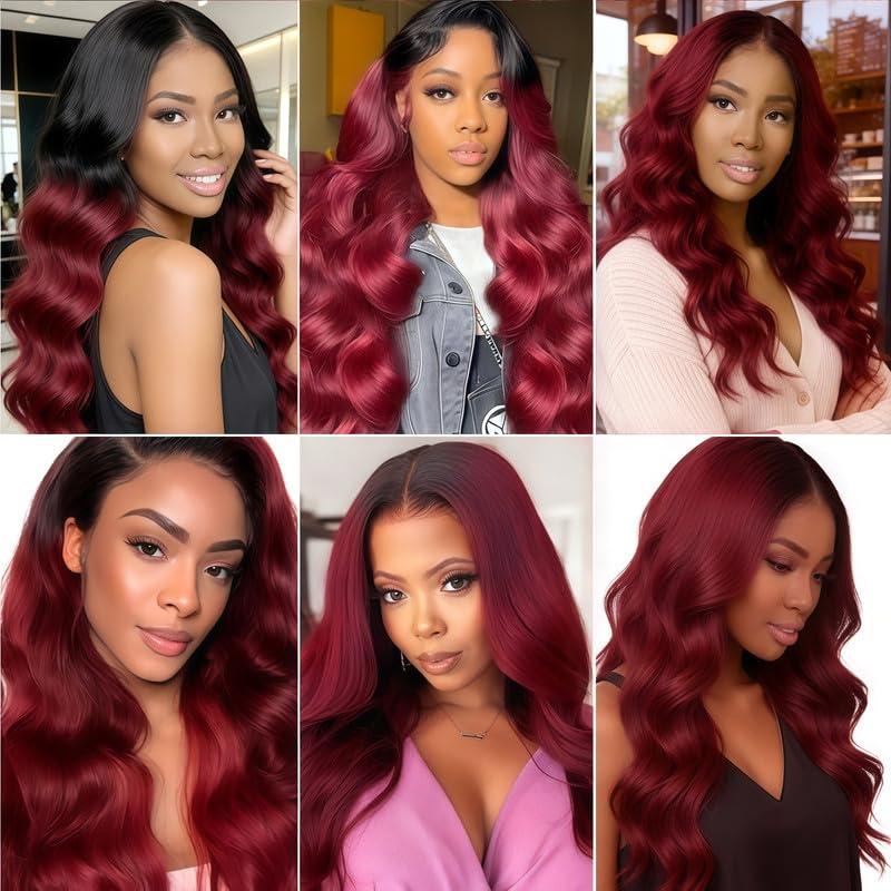 T1B/99J Ombre Burgundy Bundles Human Hair Body Wave 14 16 18 Inch Body Wave Human Hair Bundles Brazilian Virgin Remy Quick Weave for Black Women T1B/99J Color