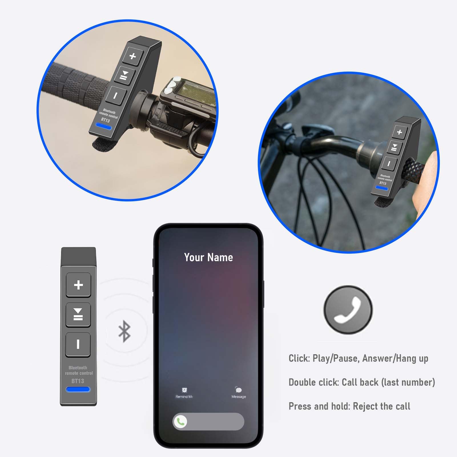 VOBOR Zestaw pilota zdalnego sterowania Bluetooth z przyciskiem do telefonu, bezprzewodowy, przenośny, wodoszczelny, sterowanie telefonem do samochodu, roweru, motocykla, kierownicy