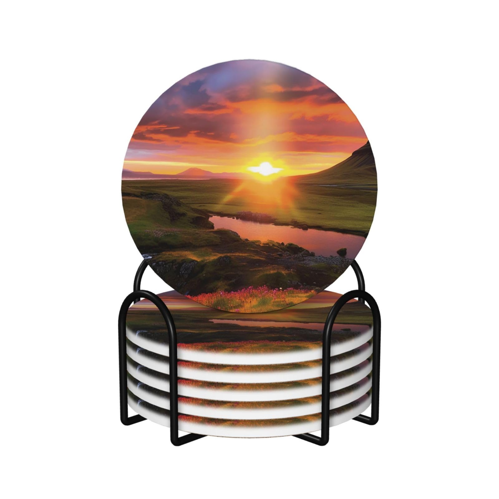 6Pcs Ceramics Coaster for Drinks, Iceland Sunset Cup Coasters with Holder, Aesthetic Drink Coasters for Coffee Table, Absorbent Round Coaster for Tabletop Protection 4" Cup Mat Pad