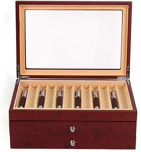 Miniatura 7 de CNCEST Caja de madera para bolígrafos, 3 capas, 34 ranuras, caja de almacenamiento de madera roja, caja organizadora de almacenamiento para cajones,