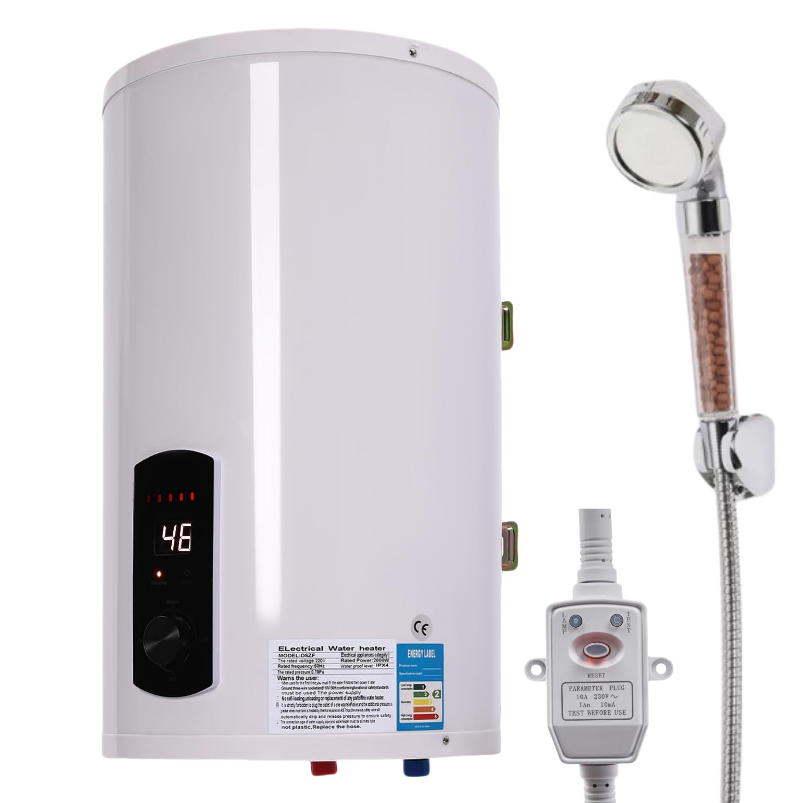 Calentador de agua eléctrico, 220 V, 30 L, con protección contra fugas, práctica ducha e indicador de temperatura, 2000 W (blanco, 30 L)