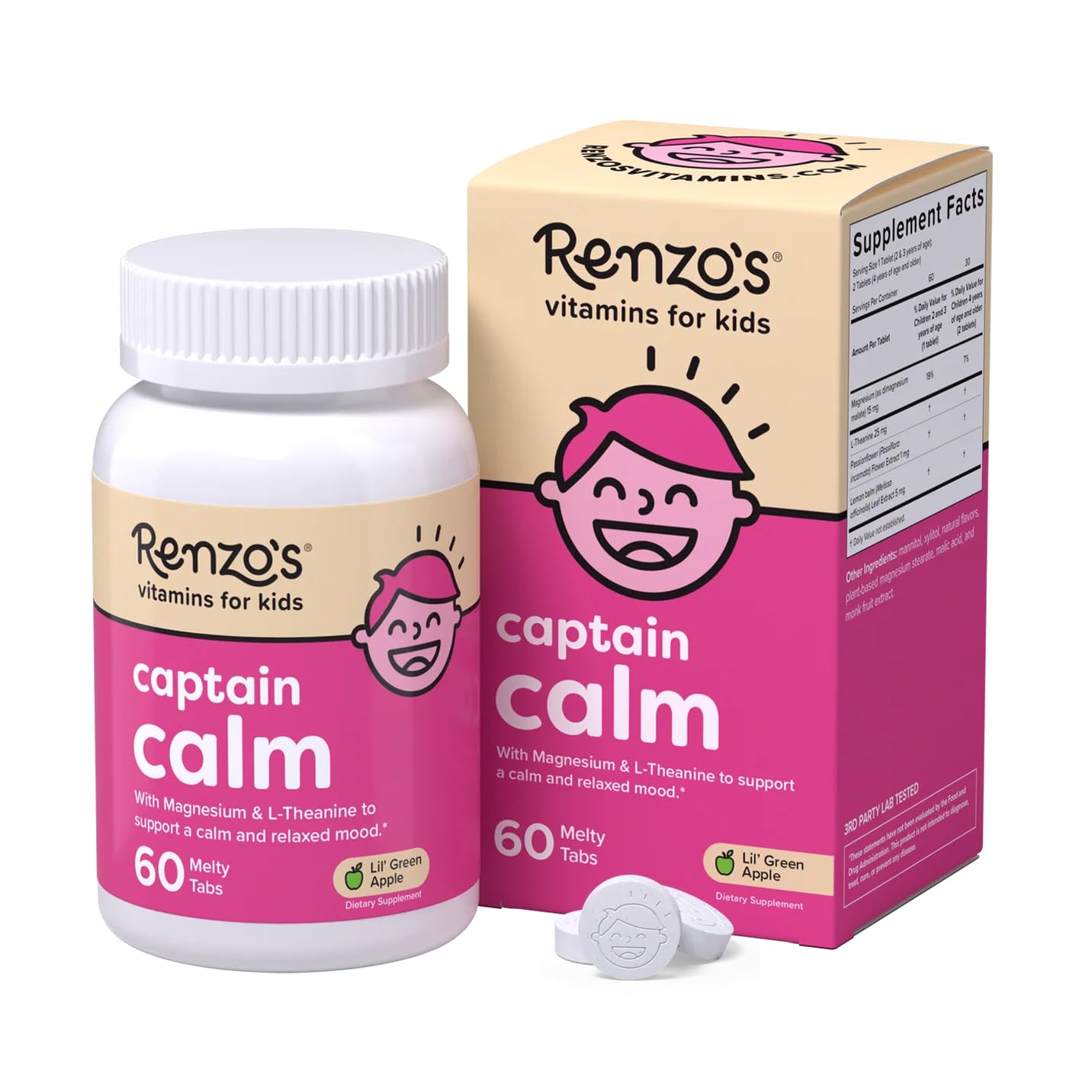 Renzo's Captain Calm Kids Magnesium Supplement with L-Theanine, Dissolvable Kids Vitamins for Relaxation and Mood Support, Sugar-Free Melty Tabs, Green Apple Fl