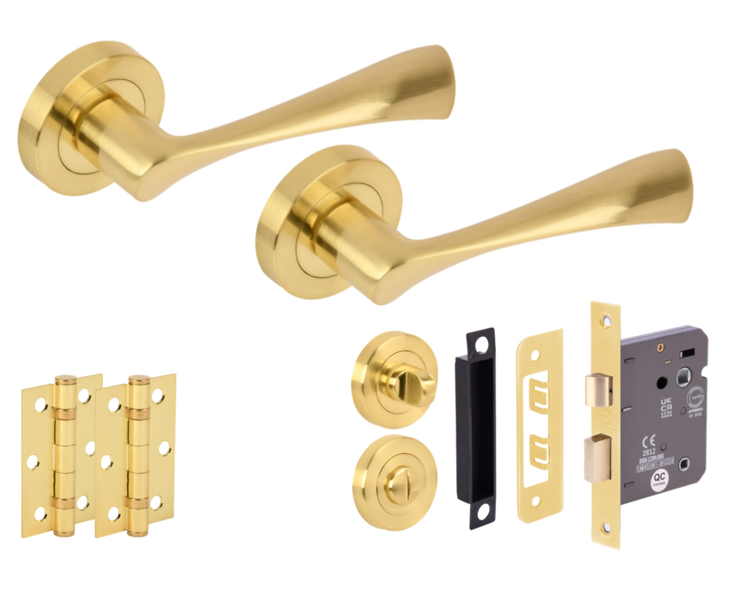 Hunta HANDLEZONE® Zena Door Handles on Rose Bathroom Lock Pack with Ball Bearing Hinges - Brushed Brass