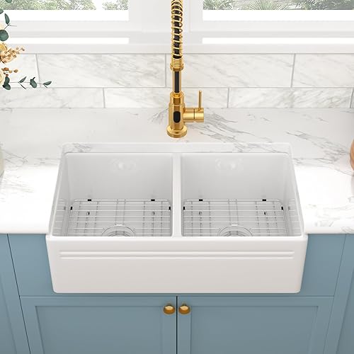 Miniatura 2 de Sarlai - Fregadero de cocina blanco de 33 pulgadas con cuenco doble, delantal frontal de cocina de 33 pulgadas, cuenco doble 5050 de porcelana