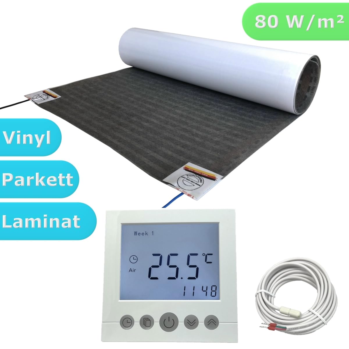 Elektrische Fußbodenheizung HoWaTech Lux Folienheizung für Renovierung Laminat Parkett Vinyl Komplett Set Heizfolie 80 W/m² inkl. Thermostat mit Wochenprogramm, Folienlänge & Fläche:5.5m / 2.75m²