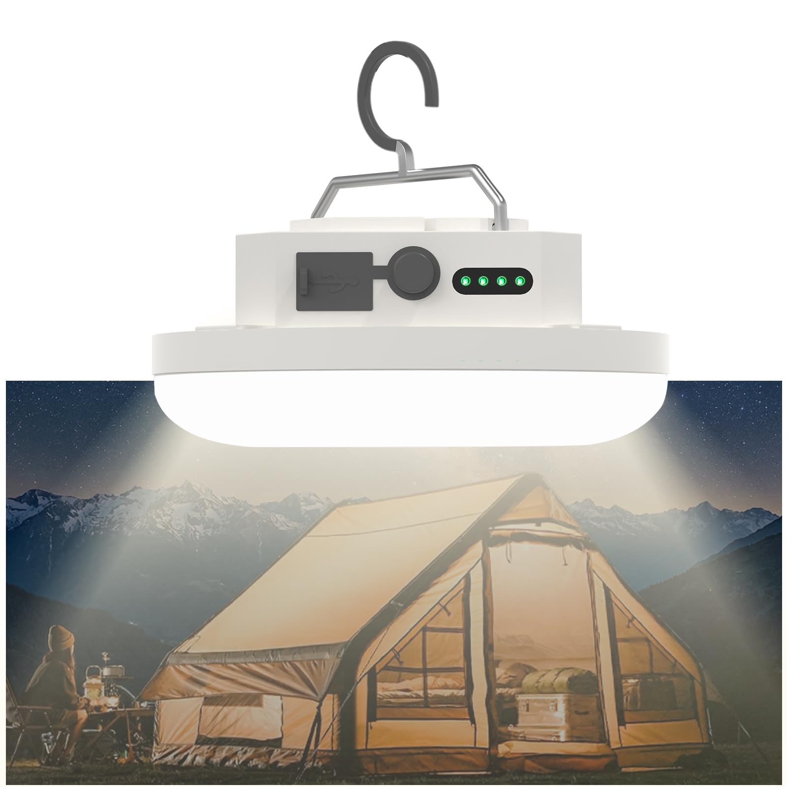 Lanterna da campeggio a LED ricaricabile, 4 modalità di illuminazione, durata 24 ore, impermeabile IPX5, resistente alle cadute, luce super luminosa per tenda con base magnetica e gancio pieghevole