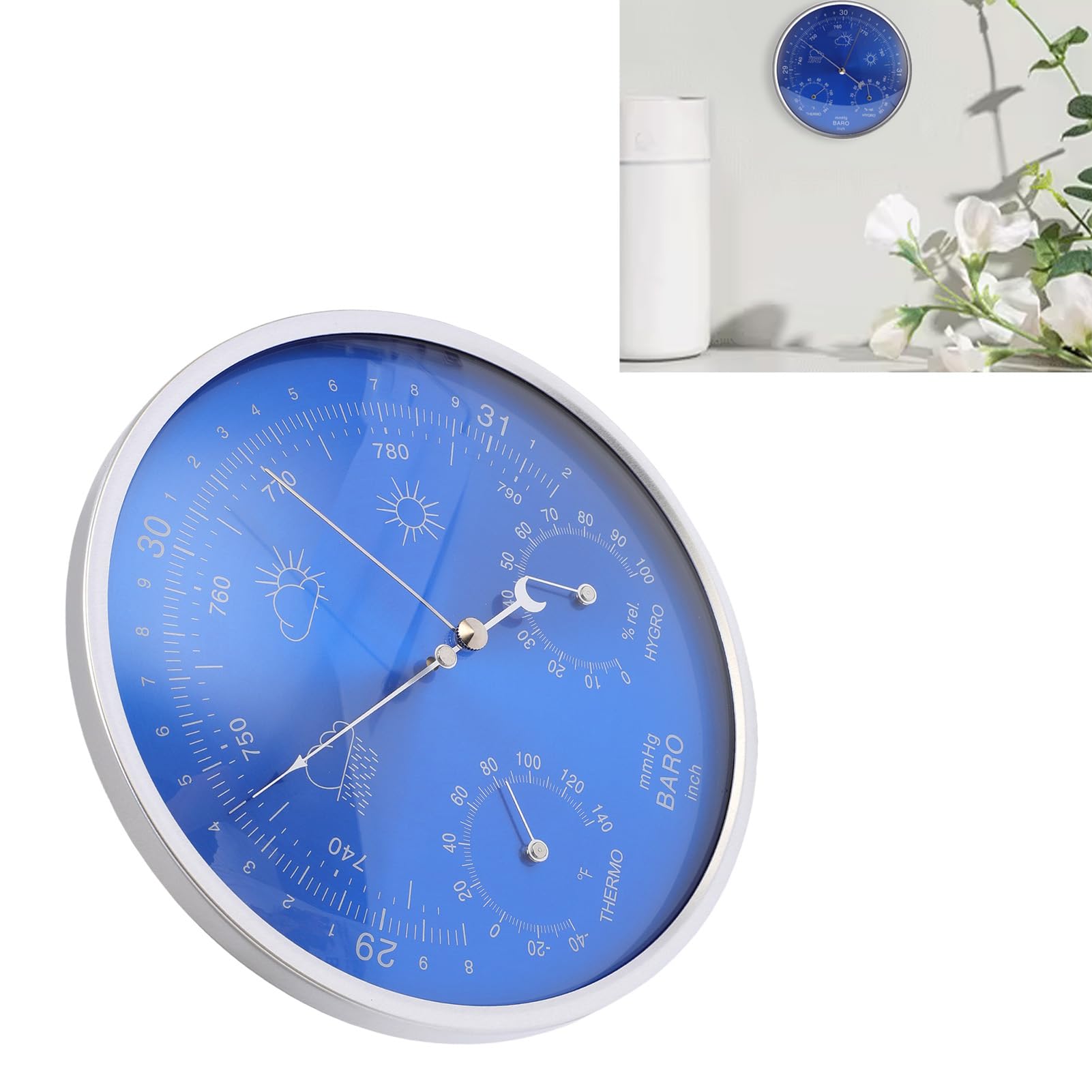 Elprico Wallhanges Thermomètre Baromètre Hygromètre Unités Impériales pour Les Intérieurs à L'extérieur Bleu 180 Mm