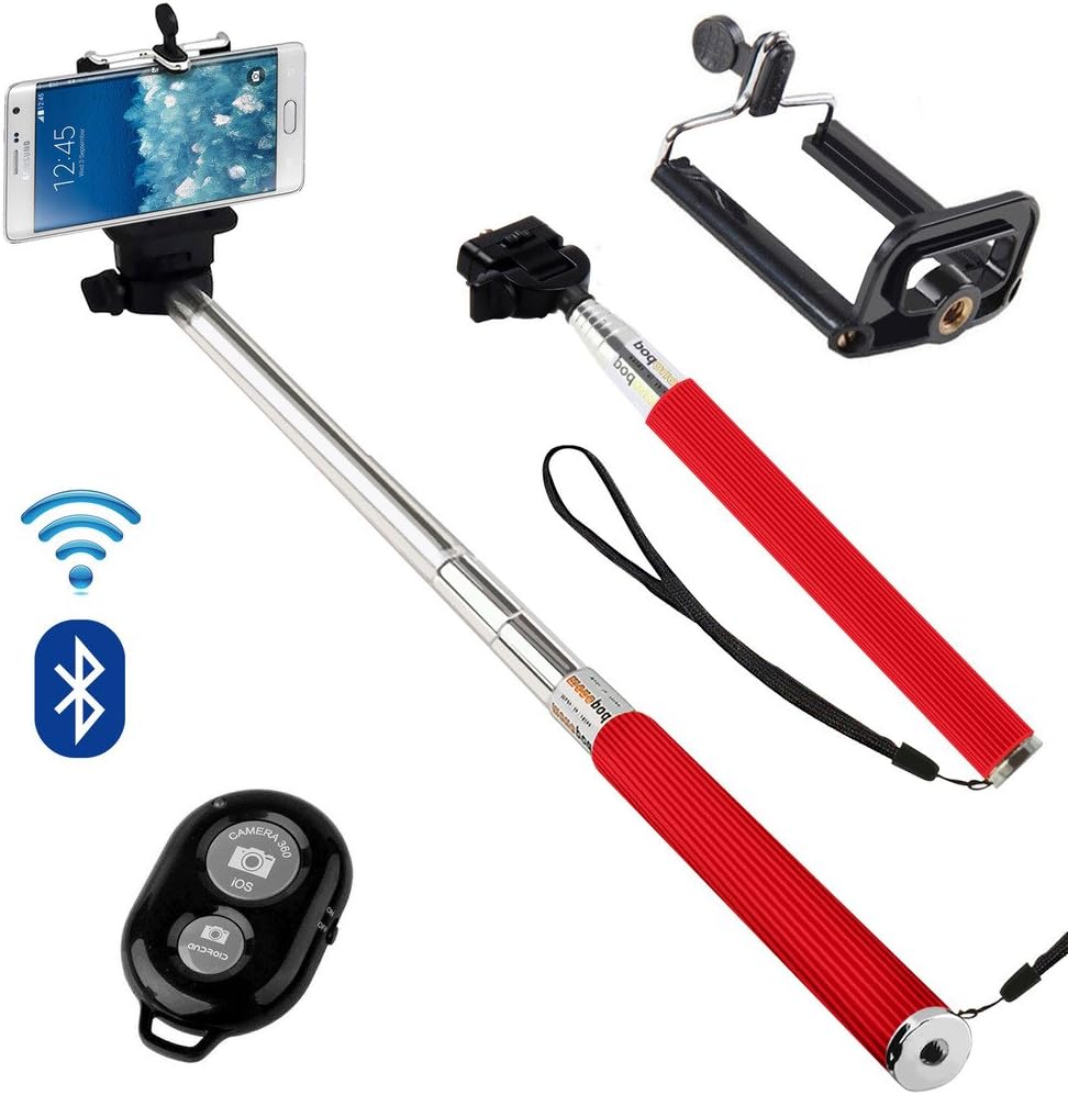 N4U Online® - HTC Desire 626 Extendable Selfie Handheld Stick Monopod with Adjustable Phone Holder and Bluetooth Remote Wireless Shutter - Red