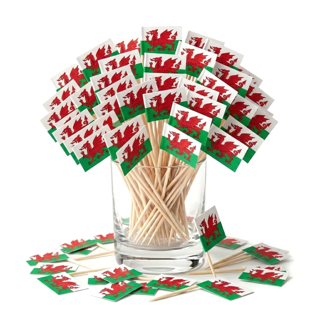 Komonee 500 x Wales Flag Toothpick Flags – Cocktail Sticks for Sandwiches, Cupcakes & Party Food | Welsh Cymru Red Dragon Tableware for Rugby & World Cup, Pub & Royal Events