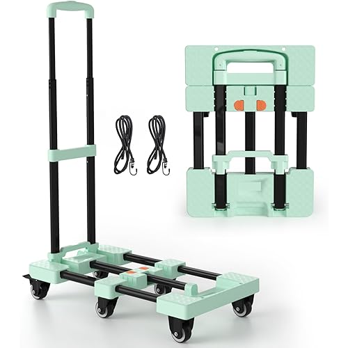 Folding Hand Truck 500lbs, Portable Heavy Duty Dolly Cart, 6 Wheels Collapsible Luggage Cart with 2 Elastic Ropes - Compact Trolley Cart for Easy Moving - Ideal Hand Cart for Travel and More