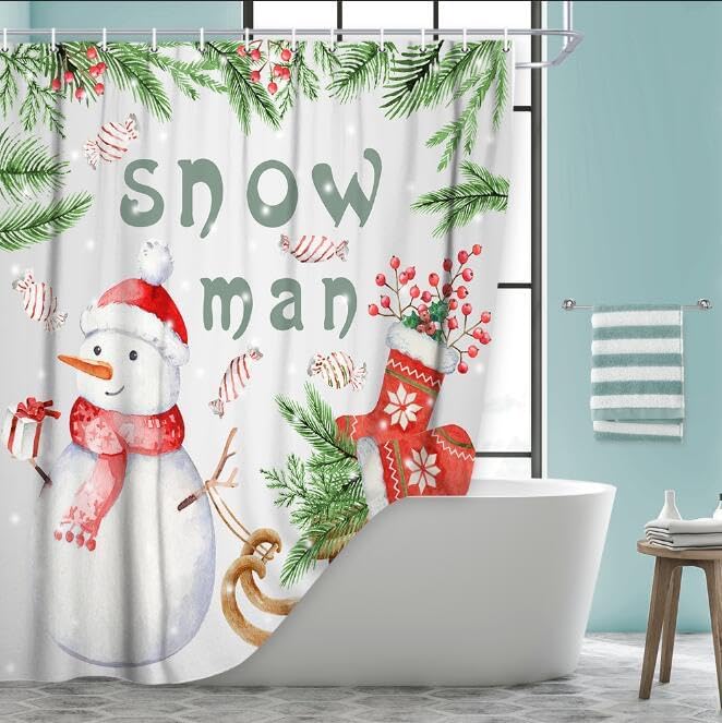 Miniatura 4 de JAWO Cortina de ducha de Feliz Navidad, lindo regalo de muñeco de nieve de Navidad, botas de Navidad, juego de cortinas de ducha para decoración de
