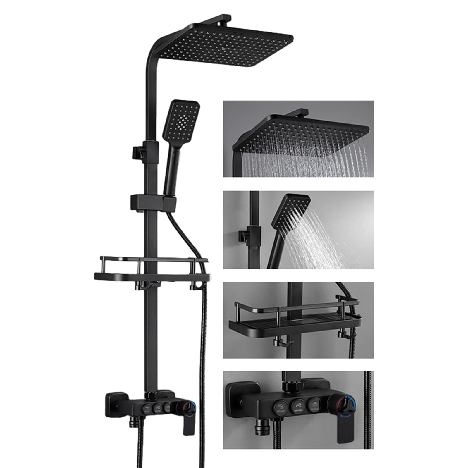 Ensemble de douche pluie thermostatique mural noir mat pour rénovation douche