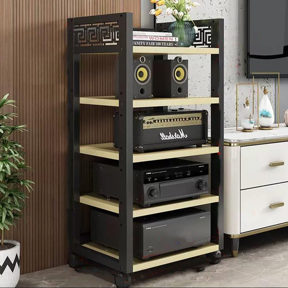 5-poziomowa regulowana szafka audio, stojak na nośniki, stojący stojak HiFi z wykończeniem z drewna tekowego, idealny do kina domowego i komponentów AV, półka na odtwarzacz CD do narożników