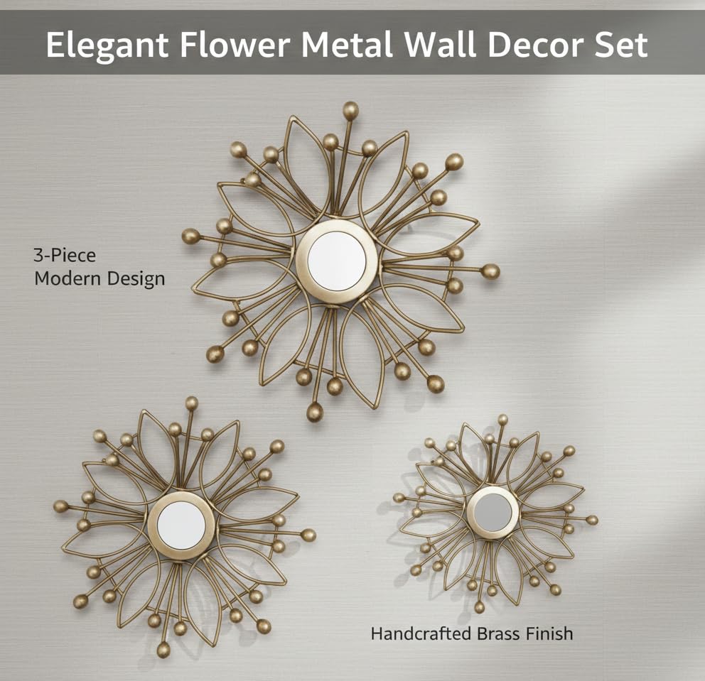 Image of Metal Wall Art with Mirror for living room and Home Decorations, Metal Wall Hanging Decoration for Living Room Office Bedroom,| Gift Items (Pack of 3 different sizes)