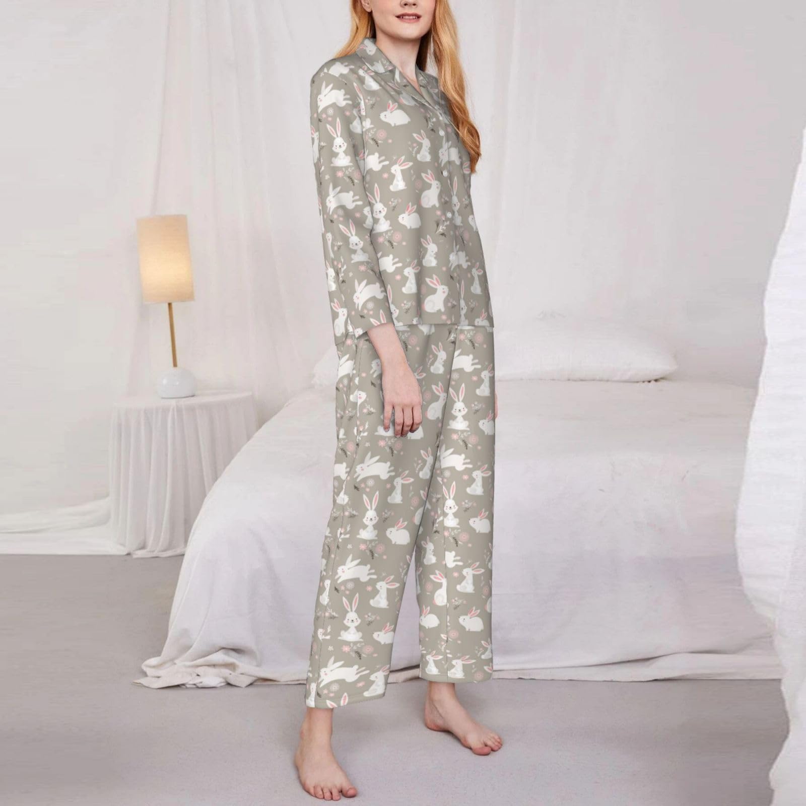 Coniglietto di Pasqua Stampa Floreale Delle Donne A Maniche Lunghe Pigiama Set Pigiameria Accogliente Homewear Casual Due Pezzi