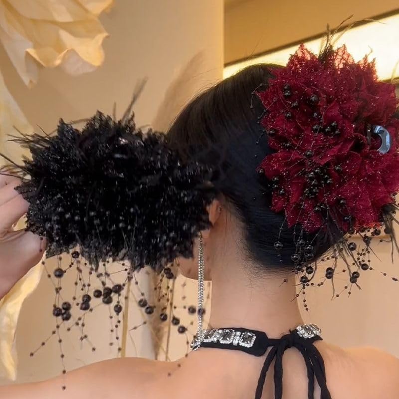 Large Chiffon Bead Floral Tassel Plastic Hair Claws Clips Double Flower Hair Claw Barrettes Clamps Bun Chignon Updo Holders Hair Accessories for Women (Coffee)