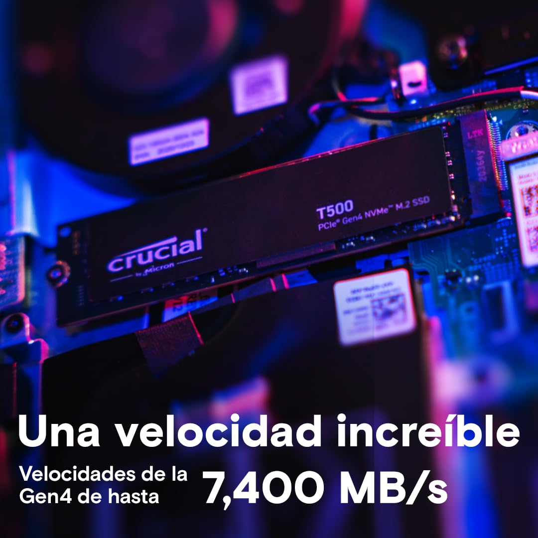 Crucial T500 SSD 1TB PCIe Gen4 NVMe M.2, hasta 7300 MB/s, TLC NAND, Compatible con Ordenador Portátil y de Sobremesa, Disco Duro Interno, Microsoft DirectStorage - CT1000T500SSD8