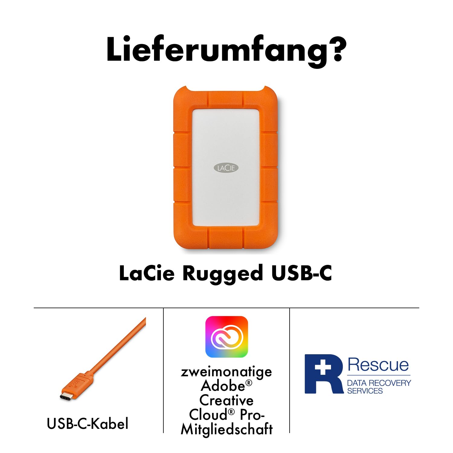 LaCie Rugged 5TB tragbare Externe Festplatte, 2.5 Zoll, PC & Mac, inkl. USB-C w/o USB-A Kabel, . Rescue Service (STFR5000800)