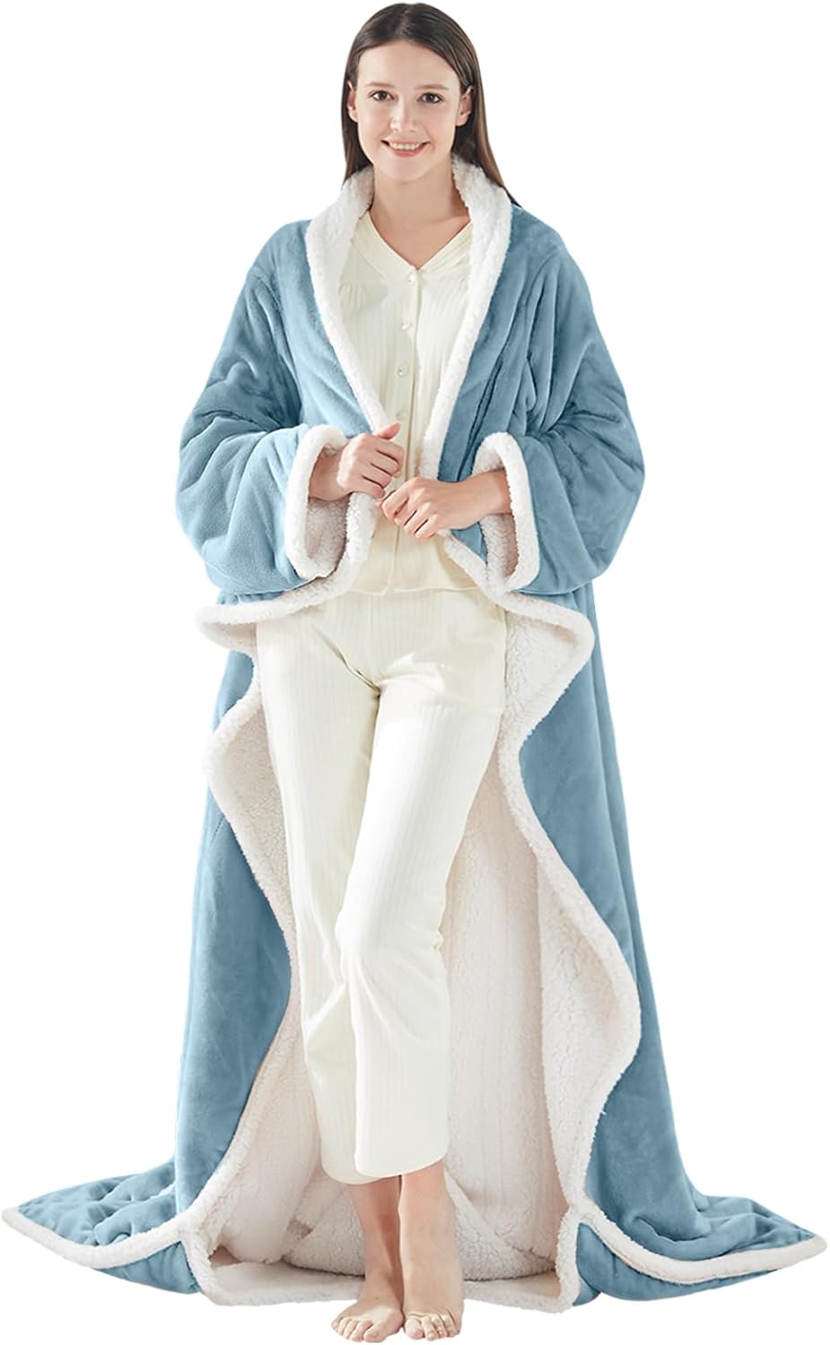 Sealy Electric Blanket Wearable with Foot Pocket, Electric Snuggle Blanket with Sleeves, Flannel & Sherpa Heating Throw with 6 Heat Settings & 2-10 Hours Auto Shut Off, 50 * 70"+18", Light Blue