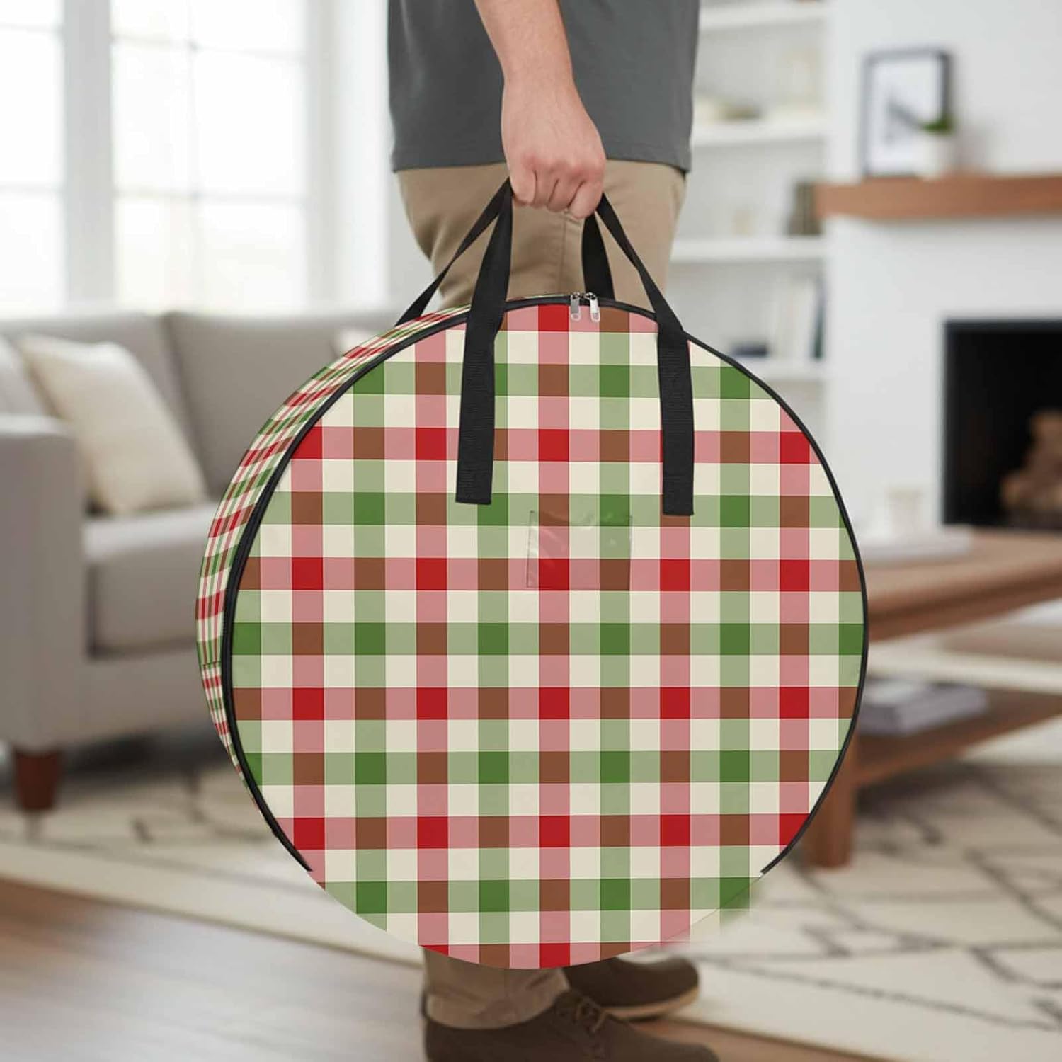 Christmas Winter Round Storage Bag 36 Inch, Vintage Farmhouse Red Green Plaid Clothes Storage Container with Handles Heavy Duty Organizer for Comforter, Bedding & Holiday Wreaths