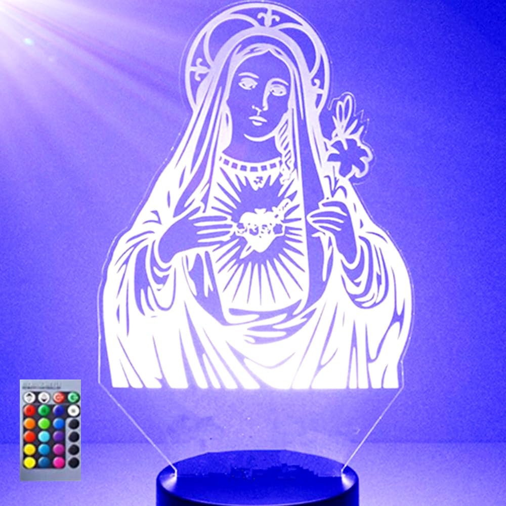 PONLCY Vergine Maria LED Luce Notturna 16 Colori 3D Illusion Lampade Telecomando Lampade da Scrivania con Base Crack Decorazione Camera da Letto per Bambini Natale Regalo di Compleanno