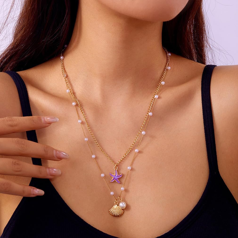 Boho Layered Pearl Seashell Necklace for Women Dainty Long Layering Pearls Starfish Choker Star Shell Statement Necklaces Trendy Beach Vacation Jewelry - Image 5